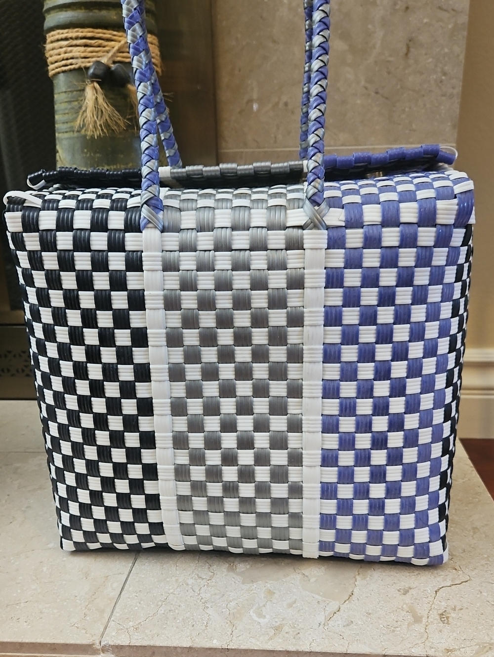 Woven Checker Tote Bag in Blue, Gray & Black - Picture 2 of 16